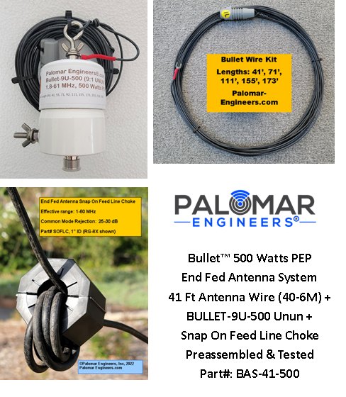 Bullet End Fed Antenna System with 9:1 Matching Unit, Antenna Wire,  Feed line Choke - 100/500/1500/5000 Watt, 41&#39;/71&#39;/111&#39;/155&#39;/173&#39; Options - FREE USA Shipping