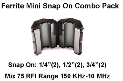 Ferrite Mini Snap On Combo Pack, Mix 75, RFI Range 150 KHz-10 MHz - 6 filters Ferrite Mini Snap On Combo Pack, Mix 75, RFI Range 150 KHz-10 MHz - 6 filters