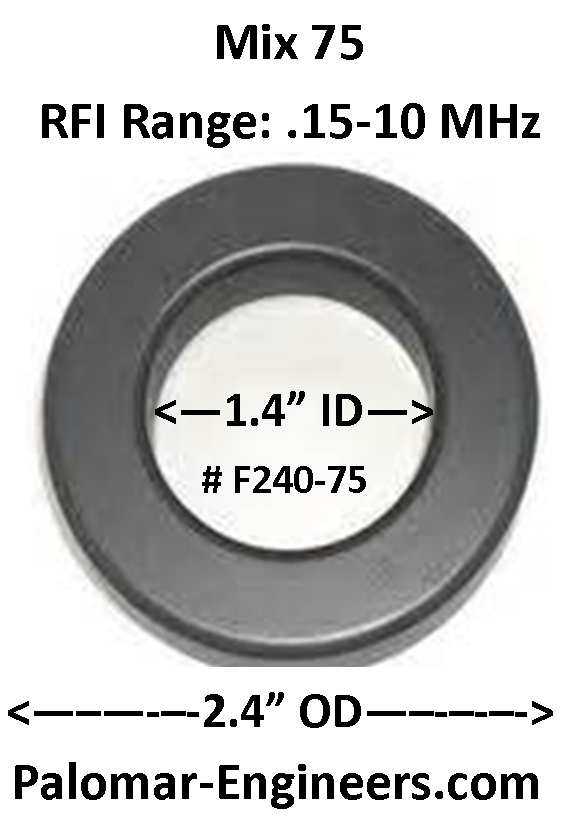 FT240-75, ID=1.4&quot;, AC/DC/Coax Noise Filter, RFI Range .15-10 MHz, 10 Pack