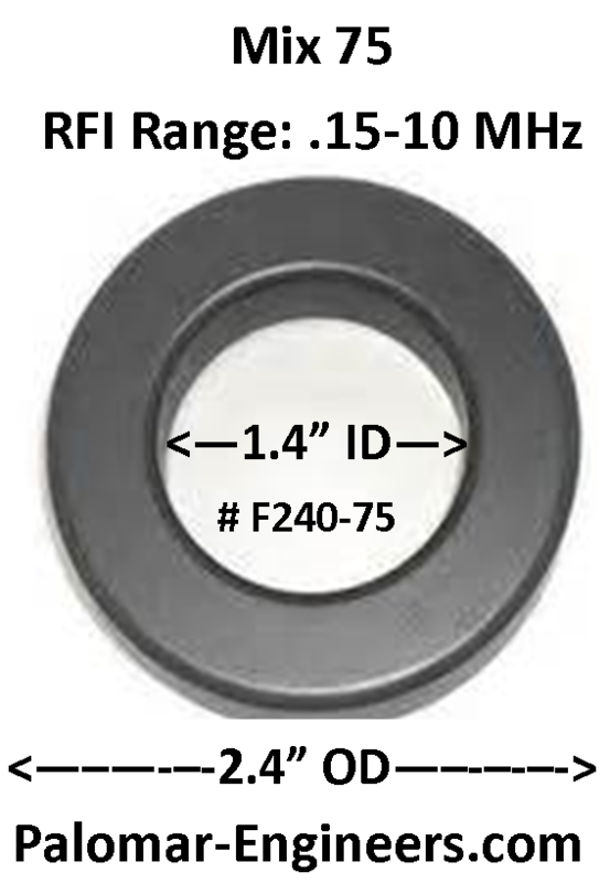FT240-75, ID=1.4&quot;, AC/DC/Coax Noise Filter, RFI Range .15-10 MHz, 10 Pack