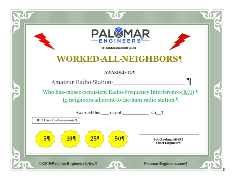 Worked All Neighbors RFI Award Certificate - FREE Download