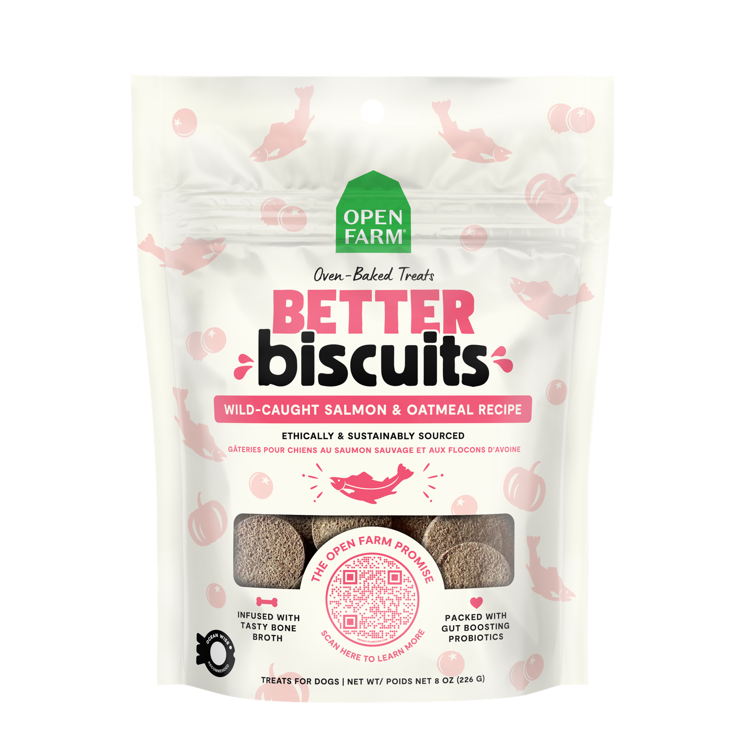 Open Farm Better Biscuits Salmon &amp; Oatmeal Recipe Oven Baked Dog Treats 8oz
