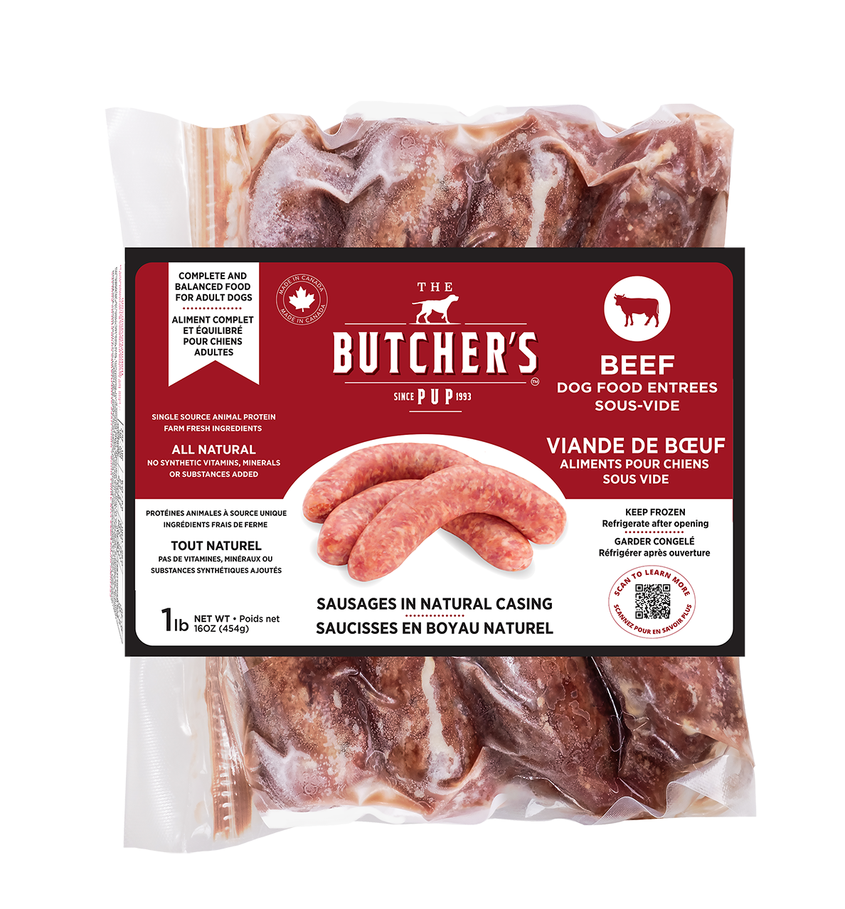 The Butcher&#39;s Pup Sous-Vide Beef Sausage Entrée Frozen Dog Food 1lb
