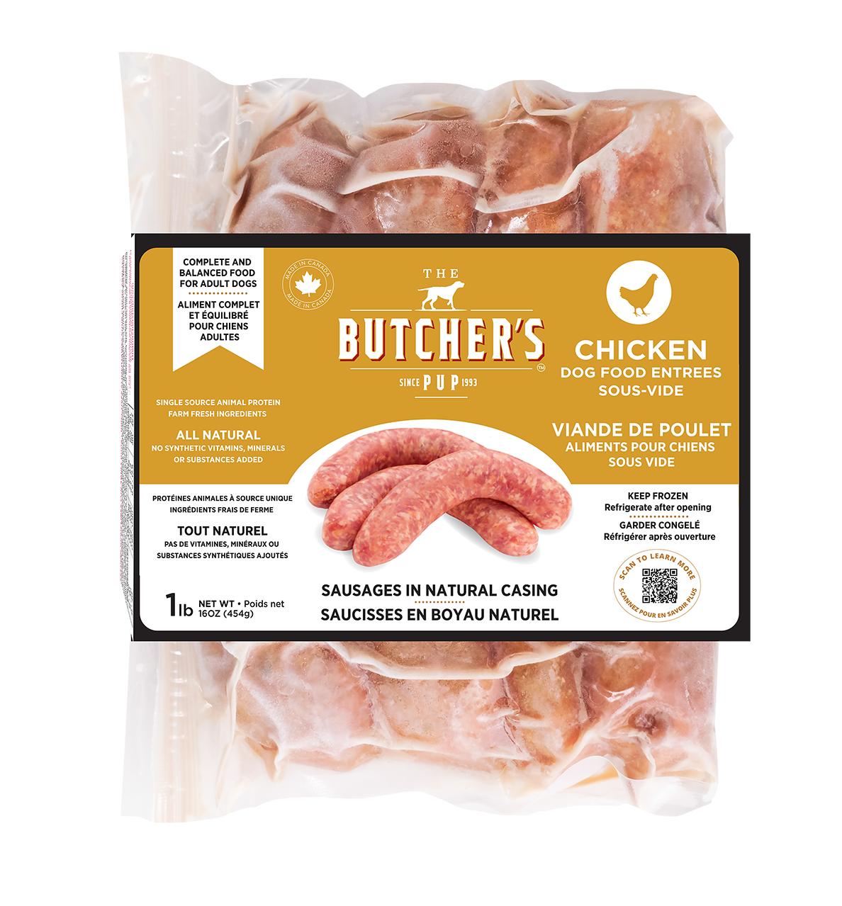 The Butcher&#39;s Pup Sous-Vide Chicken Sausage Entrée Frozen Dog Food 1lb