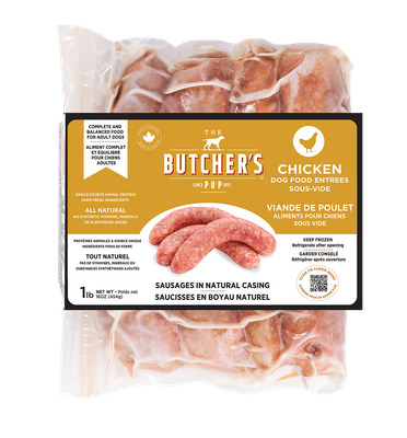 The Butcher&#39;s Pup Sous-Vide Chicken Sausage Entrée Frozen Dog Food 1lb