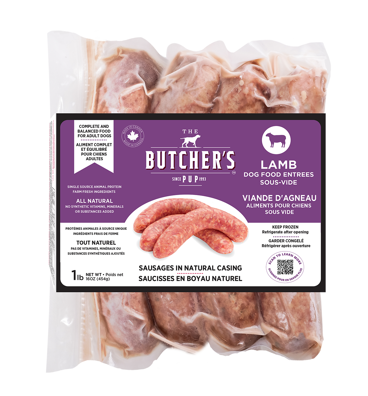 The Butcher&#39;s Pup Sous-Vide Lamb Sausage Entrée Frozen Dog Food 1lb
