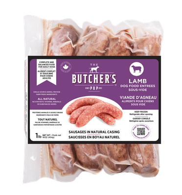The Butcher&#39;s Pup Sous-Vide Lamb Sausage Entrée Frozen Dog Food 1lb