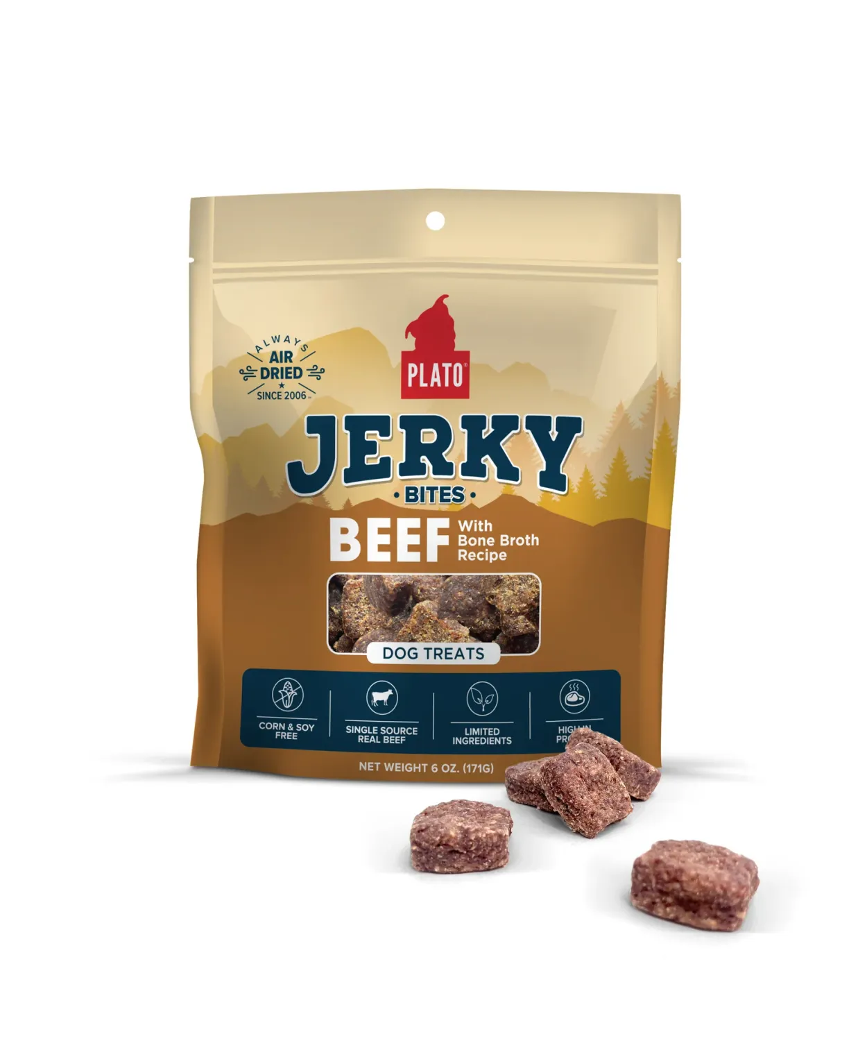 Plato Pet Treats Jerky Bites Beef with Bone Broth 170g