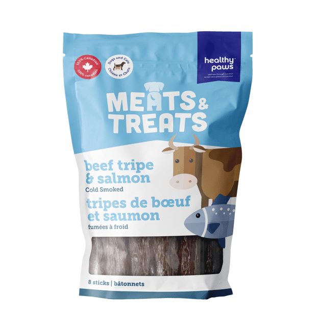 Healthy Paws Meats &amp; Treats - Cold Smoked Tripe Sticks Salmon/Beef - 8 Sticks
