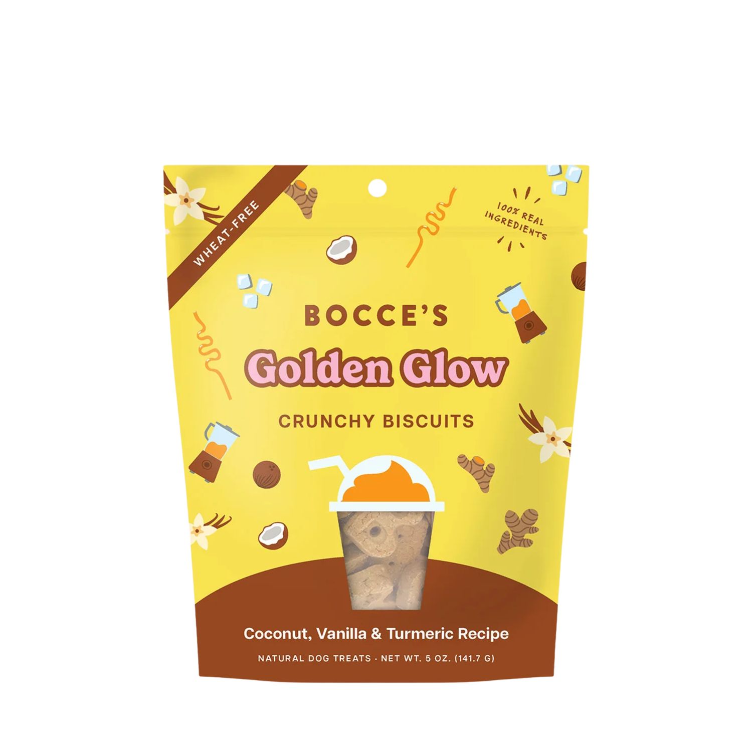 Bocce's Bakery Golden Glow Coconut, Vanilla &amp; Turmeric Recipe Crunchy Biscuits Dog Treats 5oz