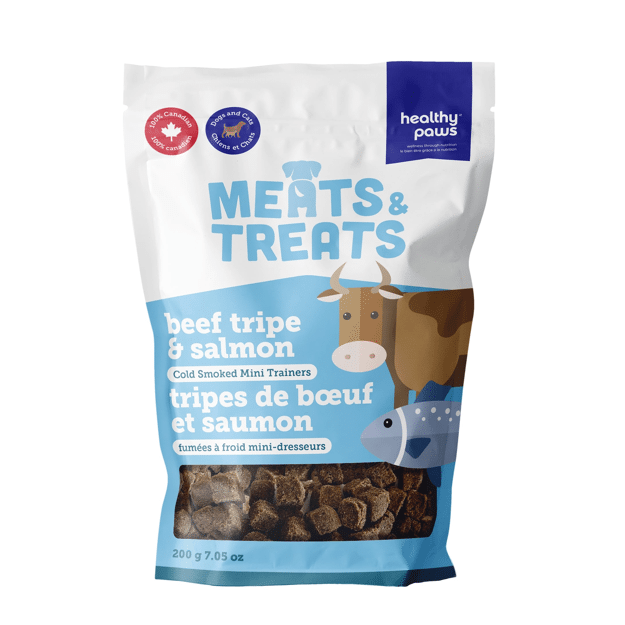 Healthy Paws Meats &amp; Treats - Cold Smoked Tripe Mini Trainers Beef &amp; Salmon 200g