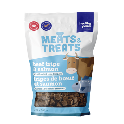Healthy Paws Meats &amp; Treats - Cold Smoked Tripe Mini Trainers Beef &amp; Salmon 200g