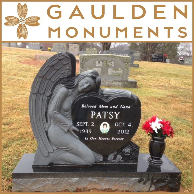 Premium Carved Angel Heart Upright Headstone - Black Granite - 3 ft wide x 3 ft tall on a base that is 48" long