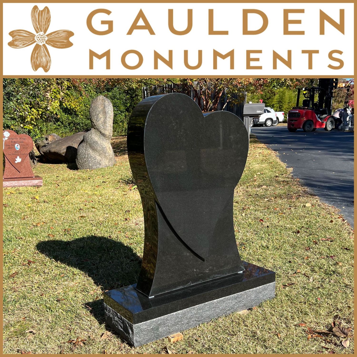 Single Tear Dropped Heart Monument in Jet Black Granite