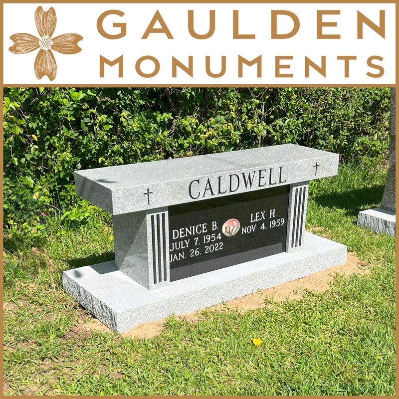 Fluted Column Cremation Bench - Gray Granite with Black Accent Panels