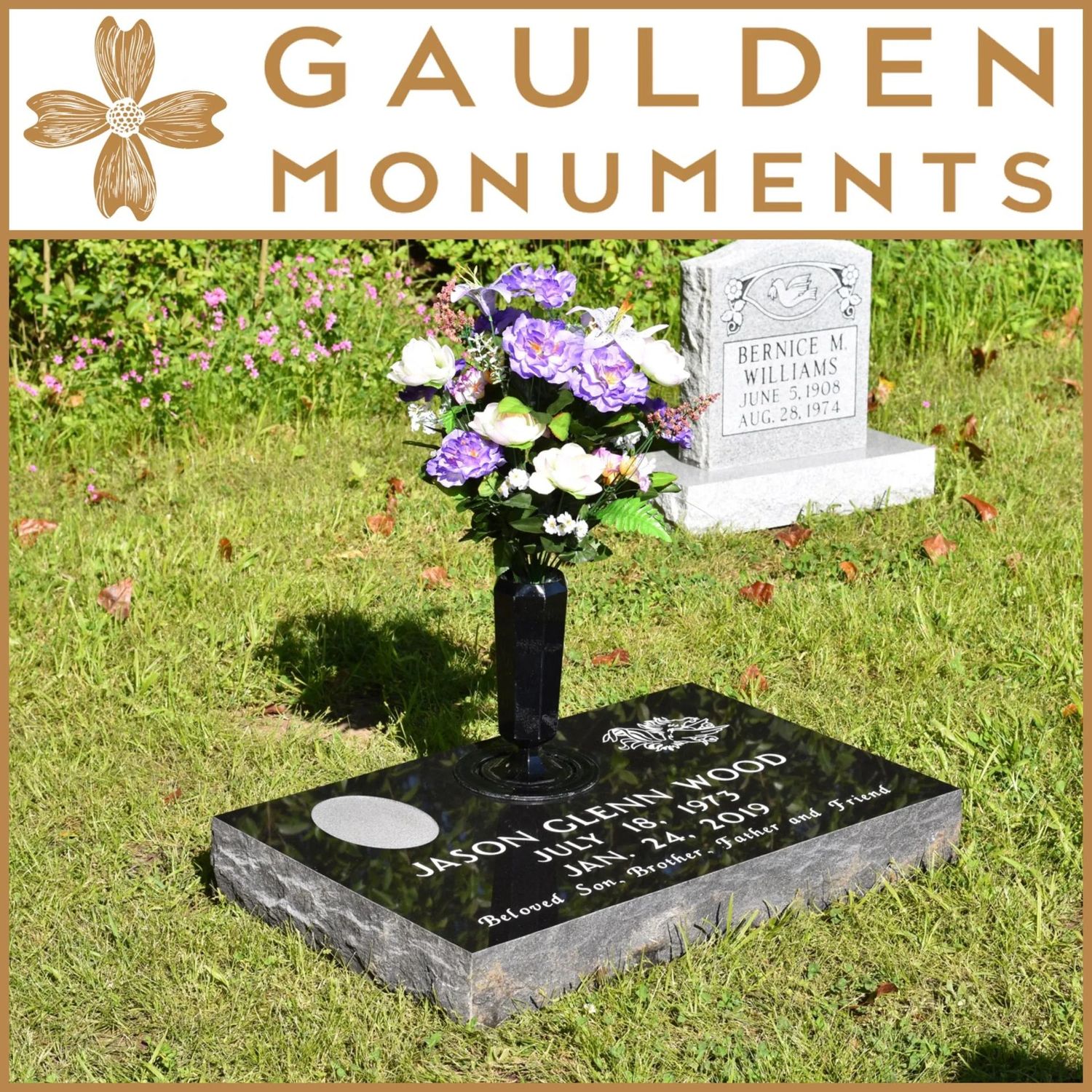 Premium Memorial Bundle in Jet Black: Memorial, Custom Engraving, Porcelain Photo & Flower Vase - 32" long x 20" wide x 4" thick