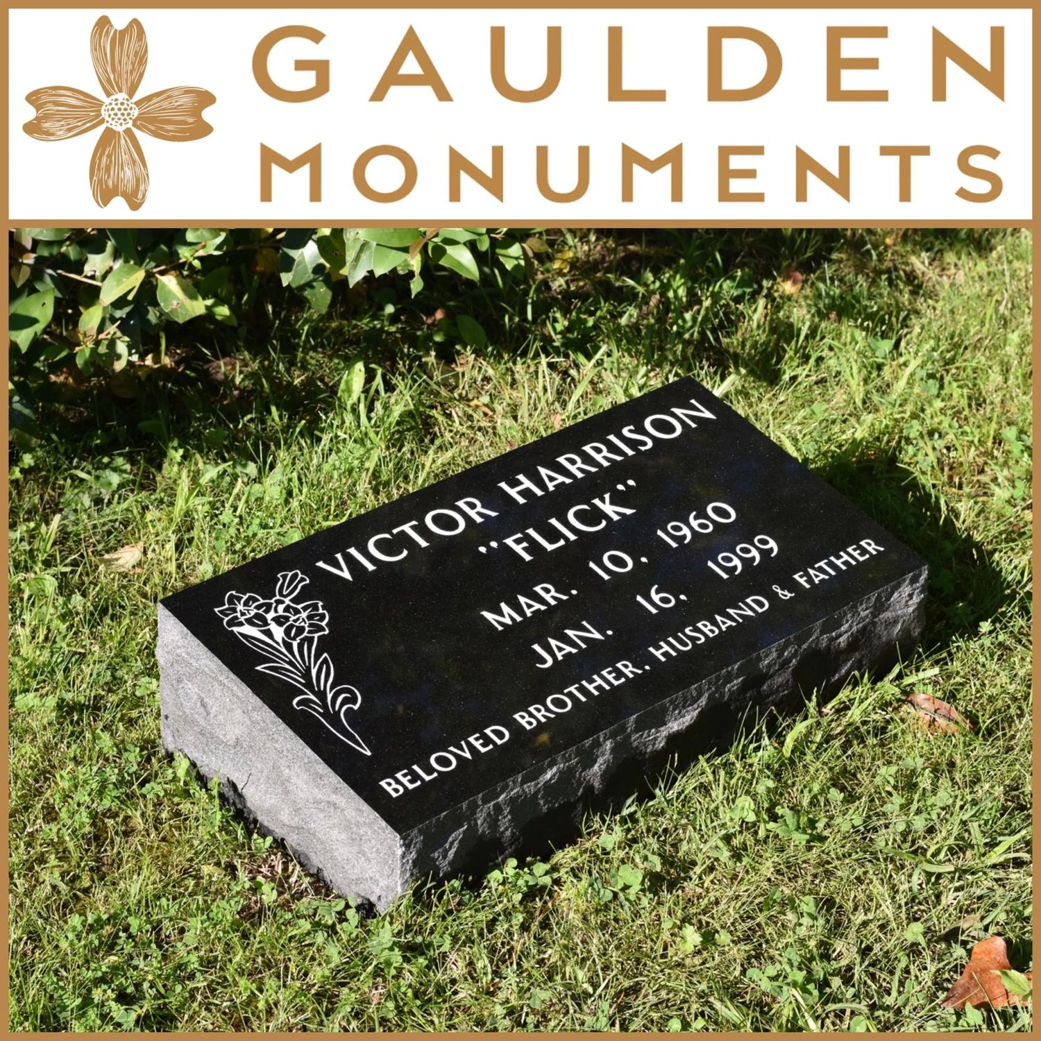 Single Bevel Memorial - Jet Black Granite - 24" long x 12" tall x 6" thick