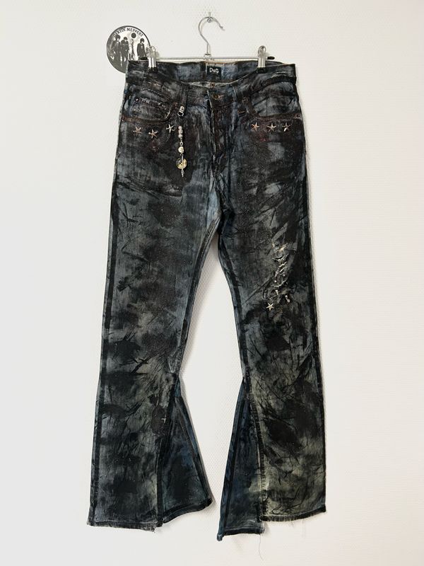 Dolce &amp; Gabbana 2000s Painted Waxed Flared Glitter Spike Denim
