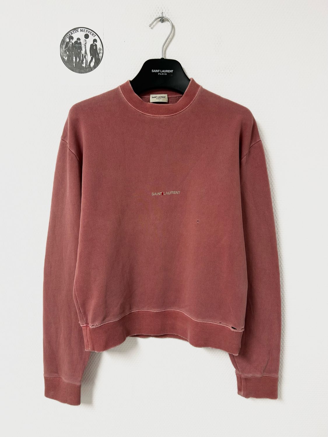 Saint Laurent Paris by Hedi Slimane FW2018 1/1 Sample Ash Pink Distressed Logo Crewneck