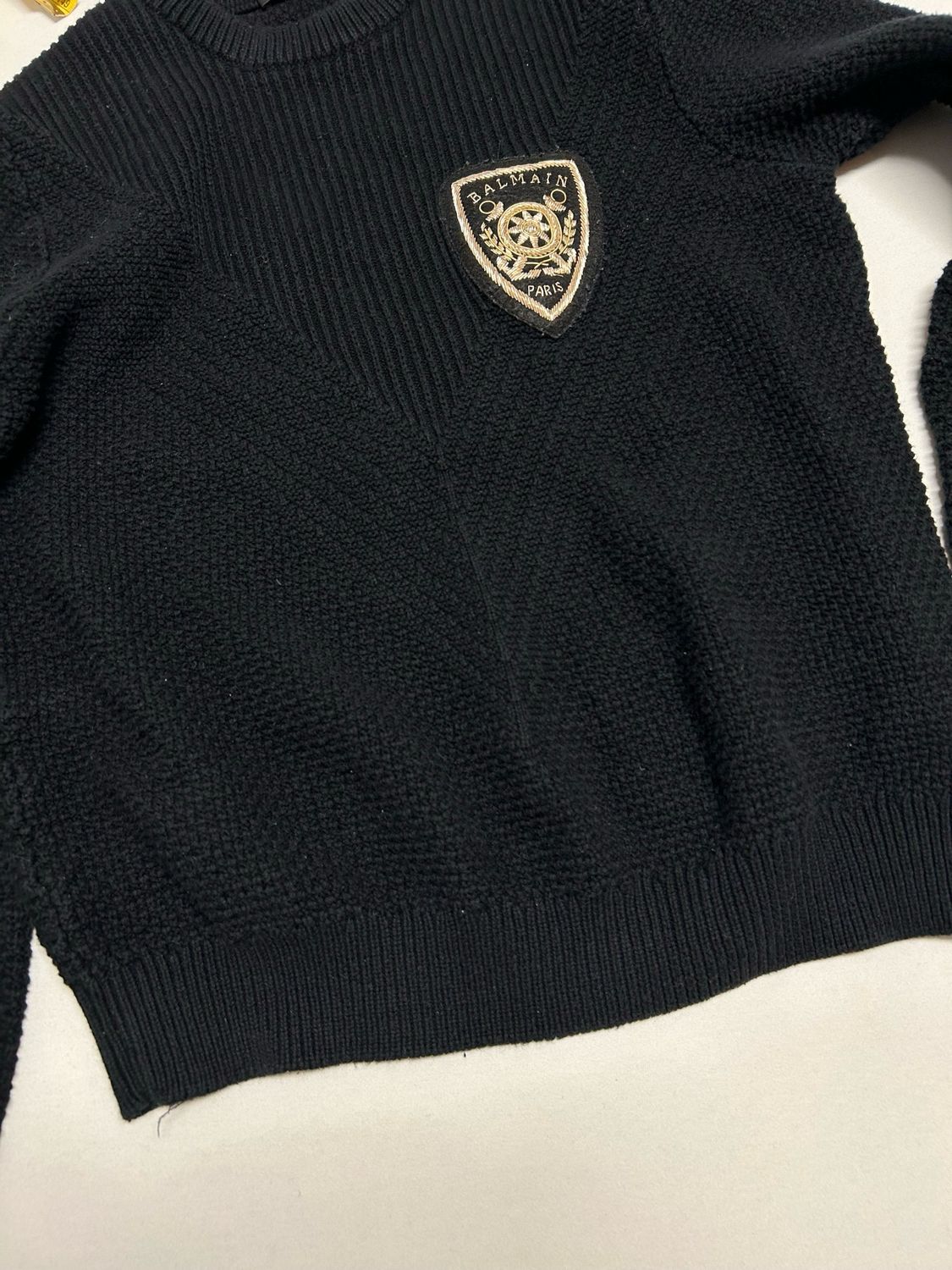 Balmain by Olivier Rousteing 2014 Crest Patch Rib Knit Sweater