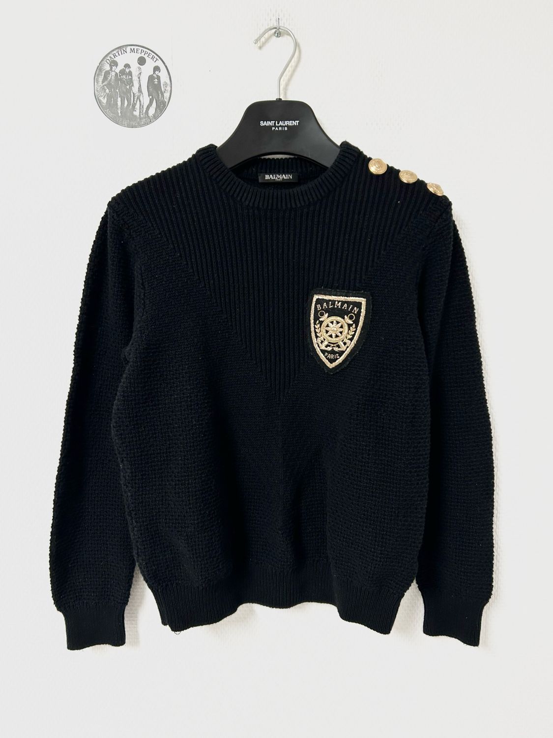 Balmain by Olivier Rousteing 2014 Crest Patch Rib Knit Sweater