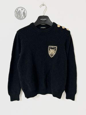 Balmain by Olivier Rousteing 2014 Crest Patch Rib Knit Sweater Balmain by Olivier Rousteing 2014 Crest Patch Rib Knit Sweater