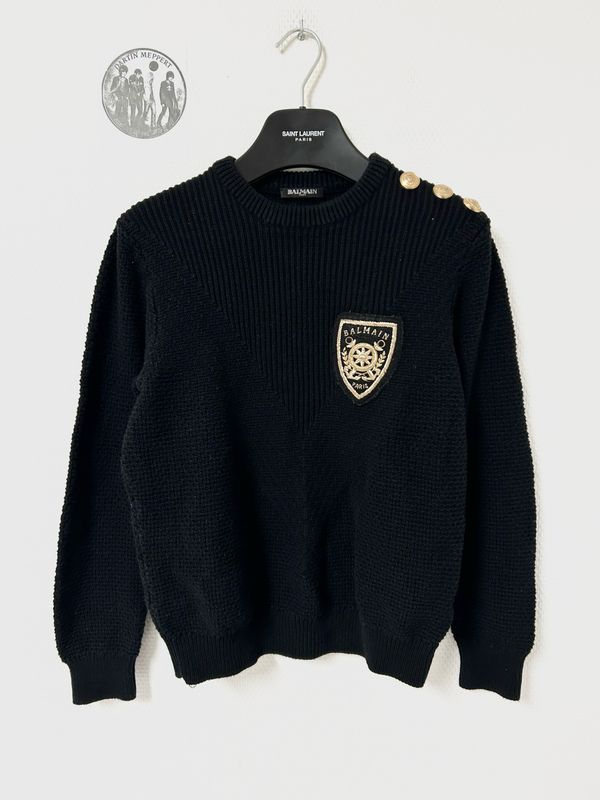 Balmain by Olivier Rousteing 2014 Crest Patch Rib Knit Sweater