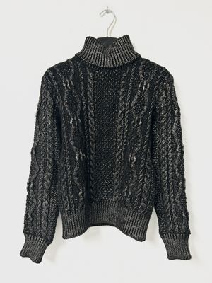 Saint Laurent Paris by Anthony Vaccarello FW2018 Silver Glazed Heavyweight Cable Turtleneck Knit