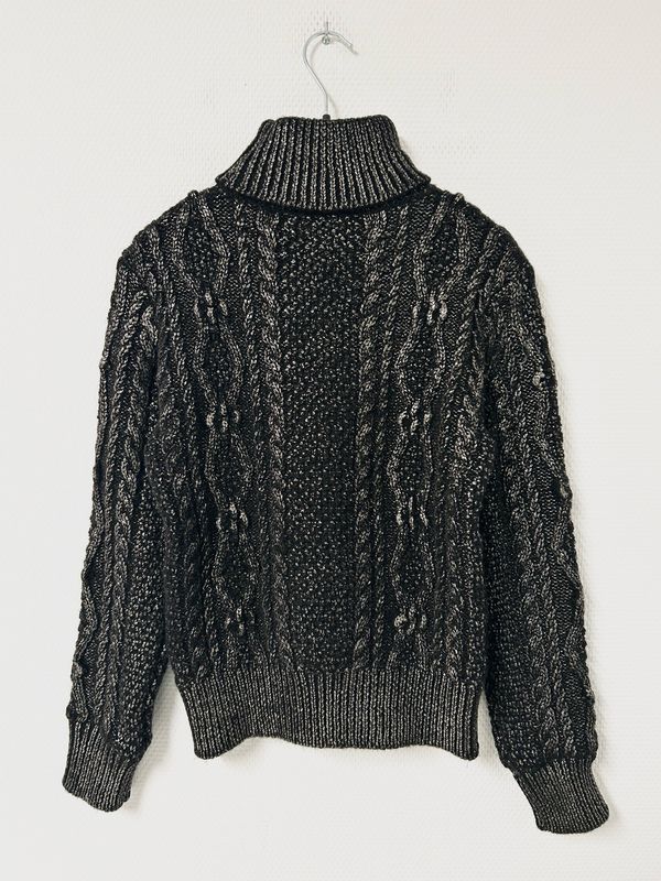 Saint Laurent Paris by Anthony Vaccarello FW2018 Silver Glazed Heavyweight Cable Turtleneck Knit