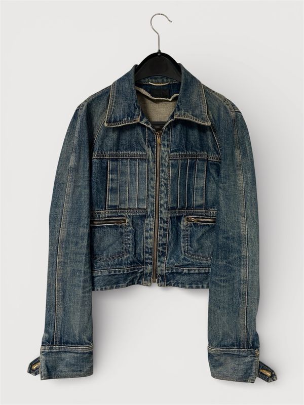 Saint Laurent Paris by Hedi Slimane FW2015 1/1 Sample Zip-Up Western Pleated Pintuck Denim Jacket