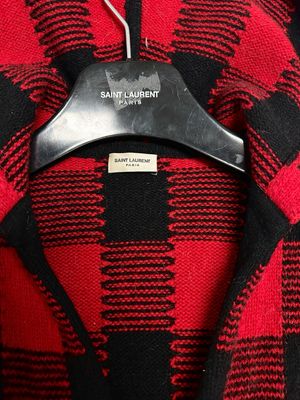 Saint Laurent Paris by Hedi Slimane FW2014 Leather Patch Plaid Wool Cardigan 