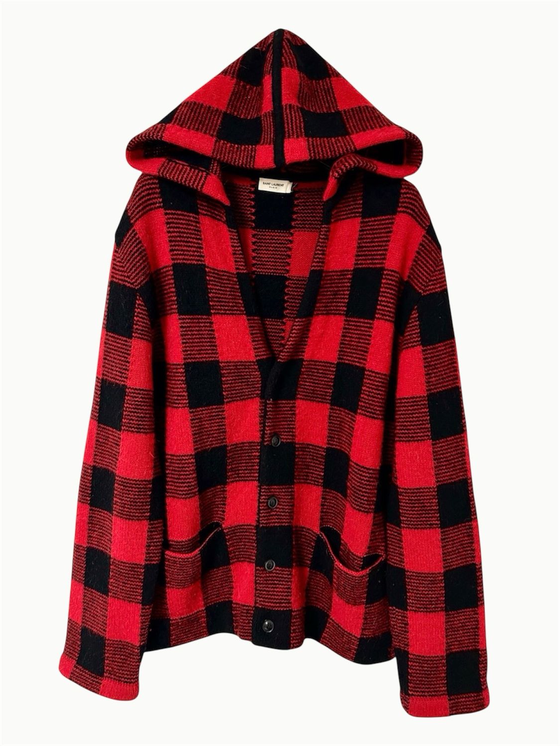 Saint Laurent Paris by Hedi Slimane FW2014 Leather Patch Plaid Wool Cardigan 