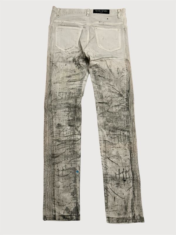 Balmain by Olivier Rousteing SS2017 Painted Distressed Biker Denim