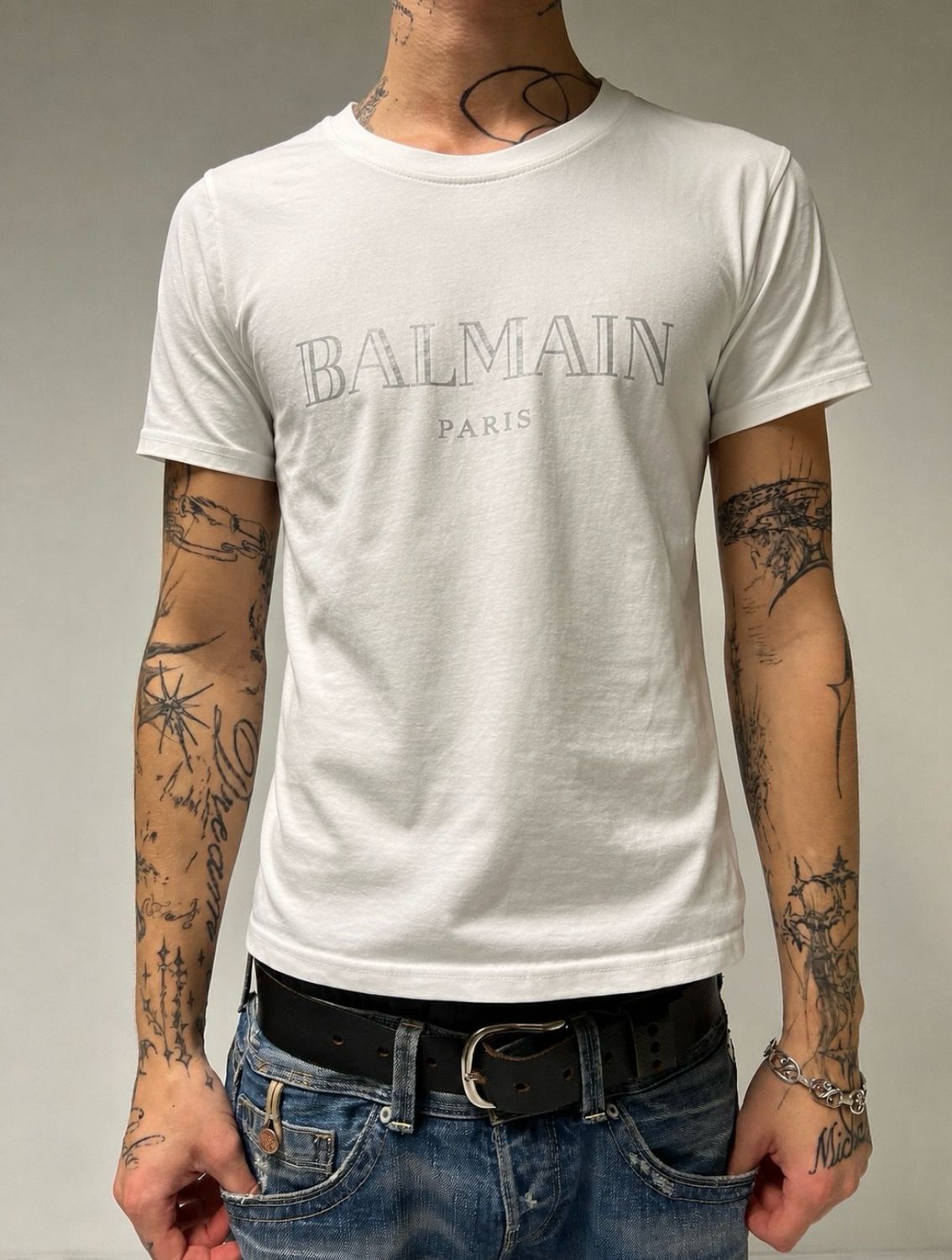 Balmain by Olivier Rousteing 2017 Metallic Silver Logo T-Shirt