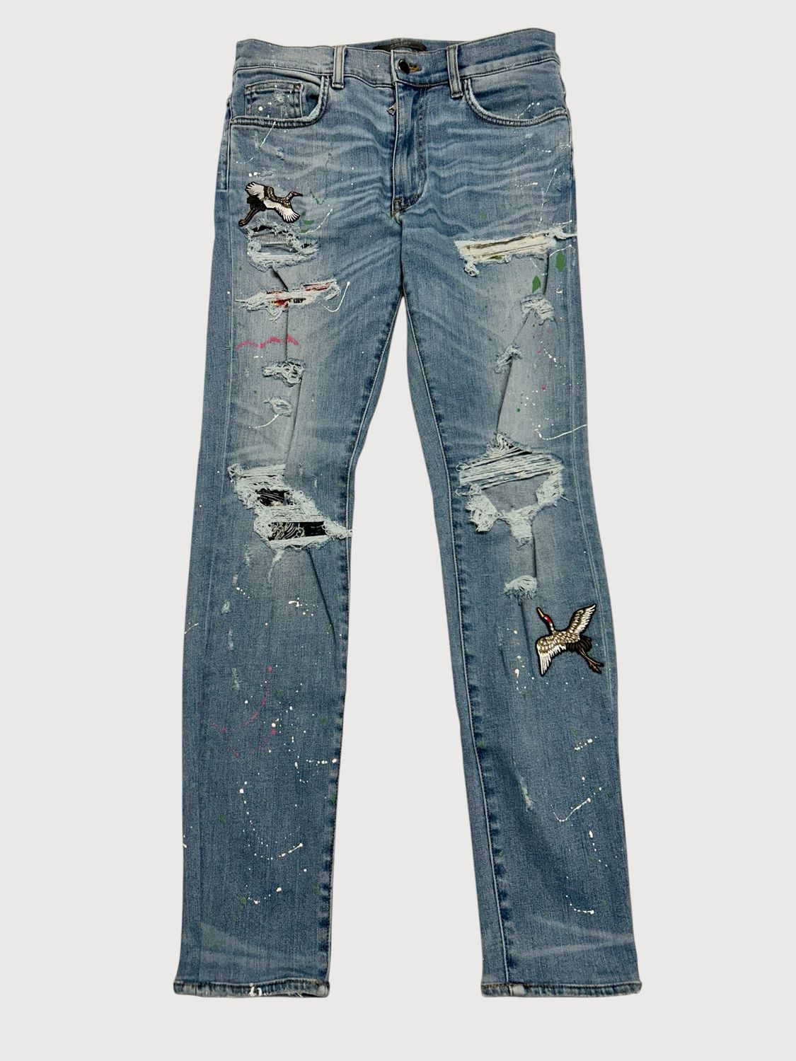 Amiri Crane Patch Paint Splatter Distressed Denim