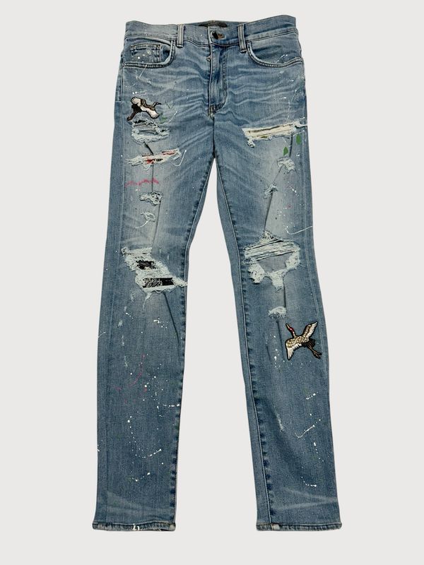 Amiri Crane Patch Paint Splatter Distressed Denim