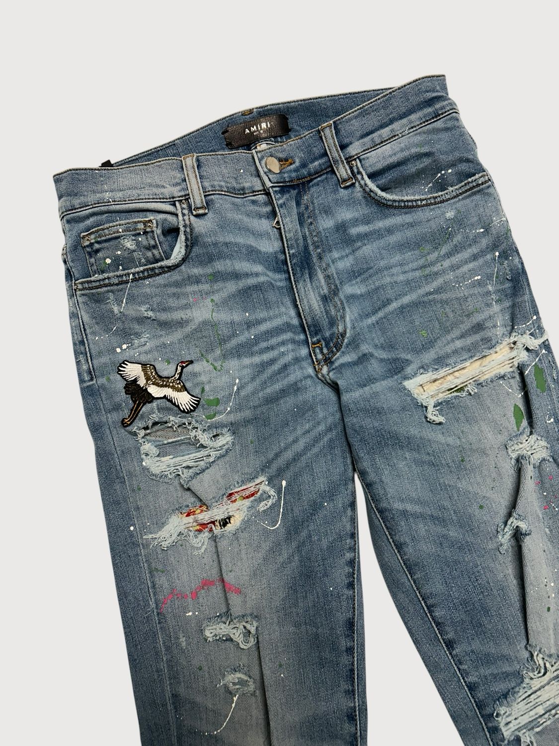 Amiri Crane Patch Paint Splatter Distressed Denim