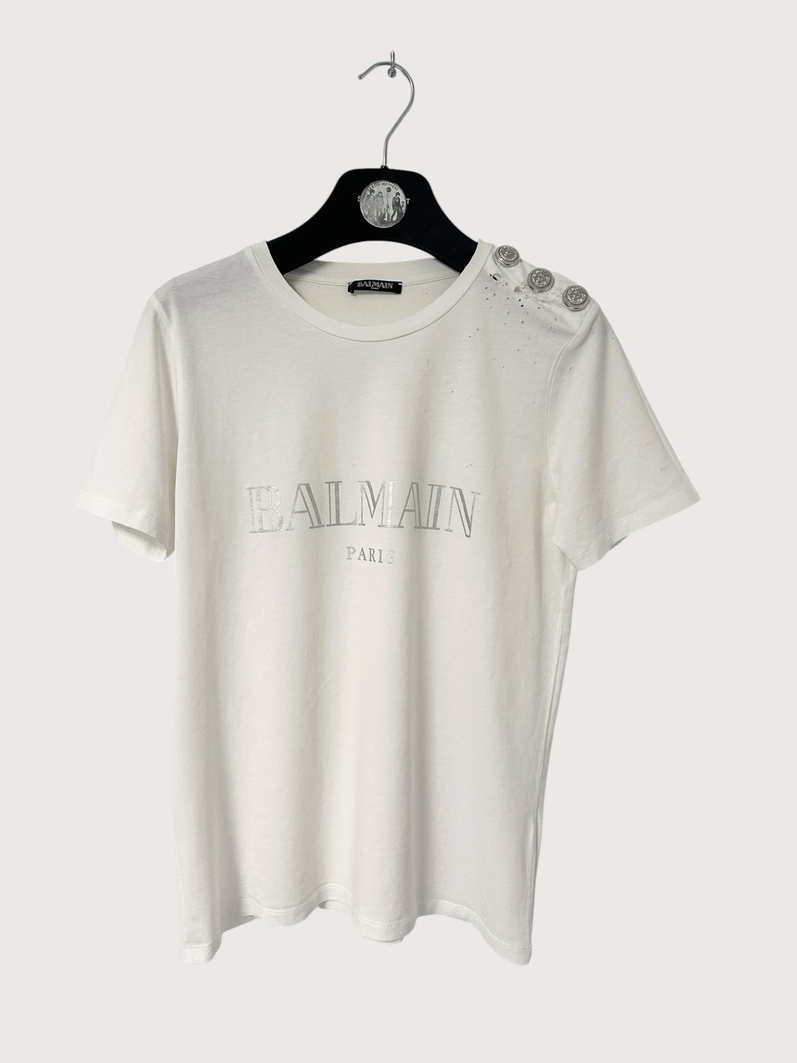 Balmain  SS20 Distressed Metallic Logo Button Tee