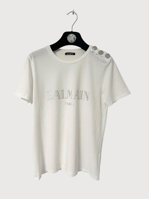 Balmain  SS20 Distressed Metallic Logo Button Tee