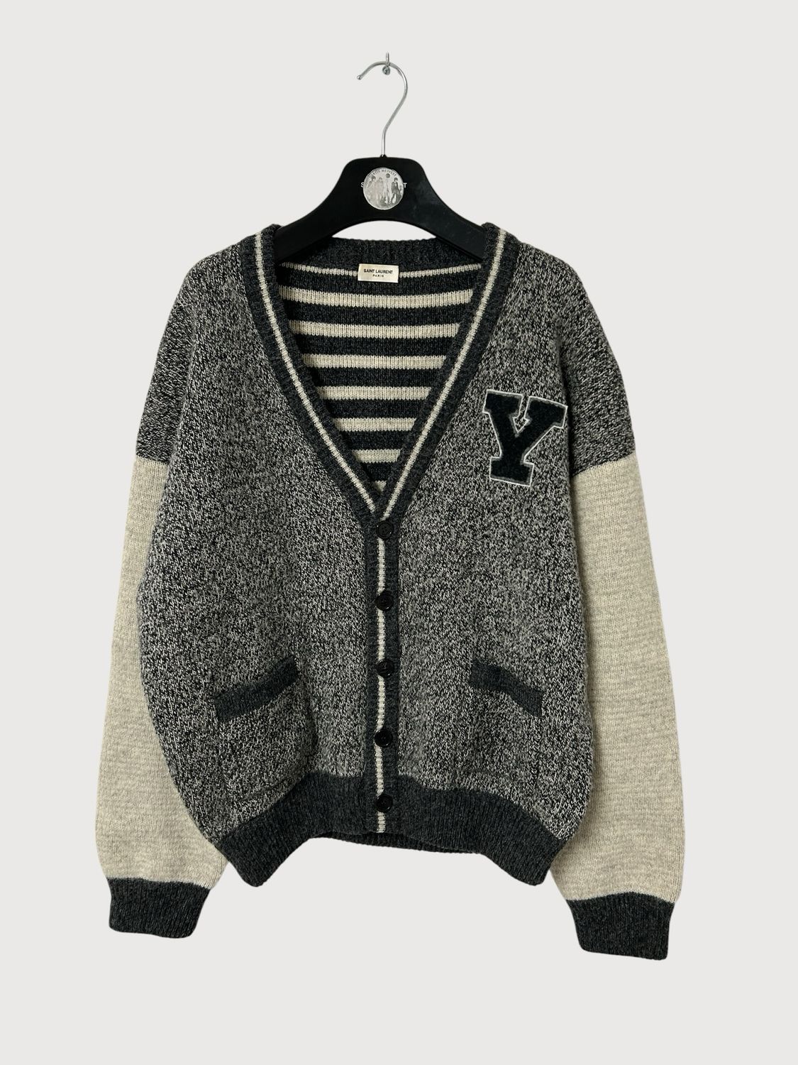 Saint Laurent Paris SS18 Varsity Y Patch Striped Wool Cardigan