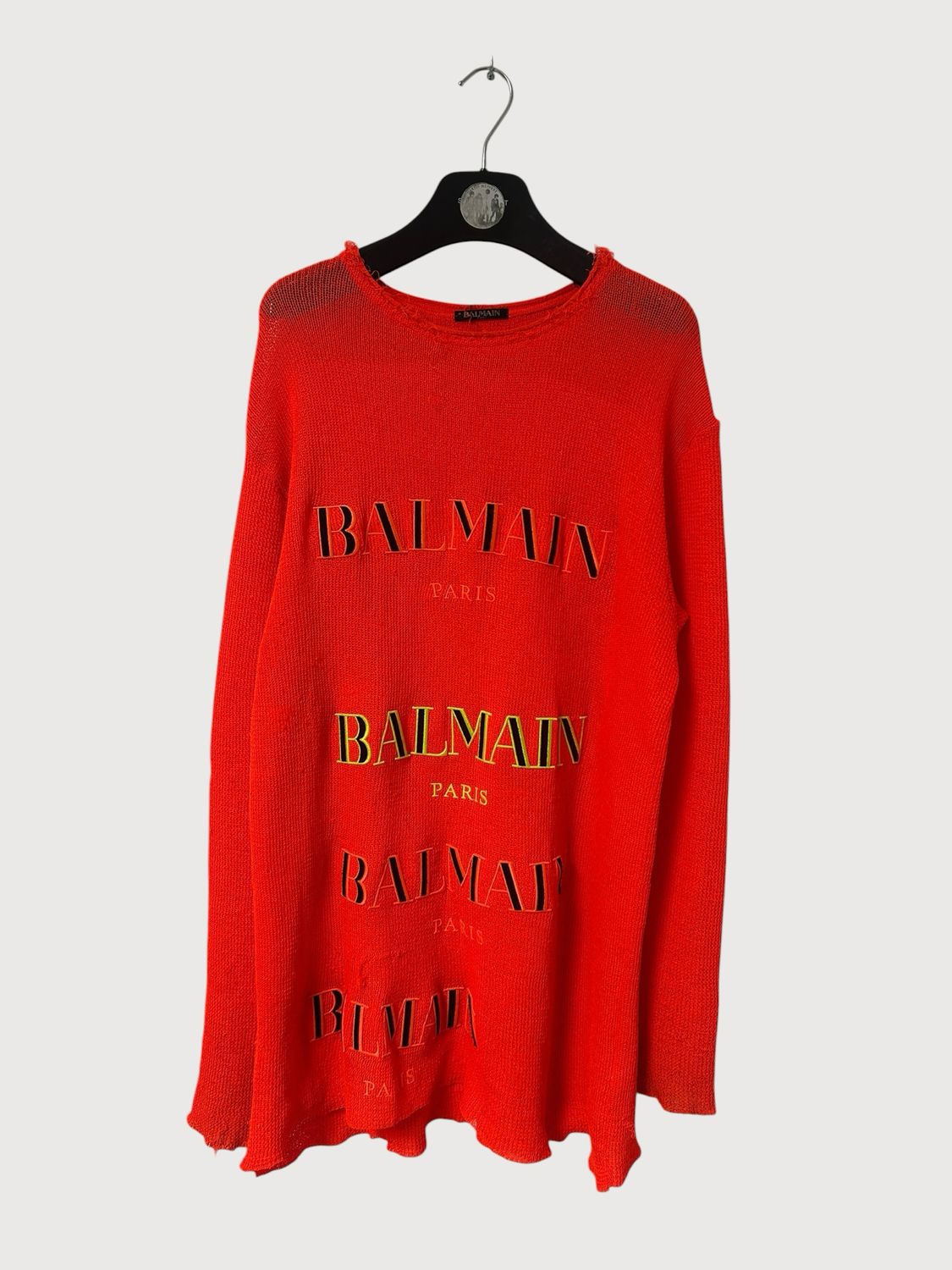 Balmain SS19 Sample Neon Orange Embroidered Logo Knit