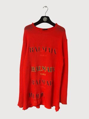 Balmain SS19 Sample Neon Orange Embroidered Logo Knit