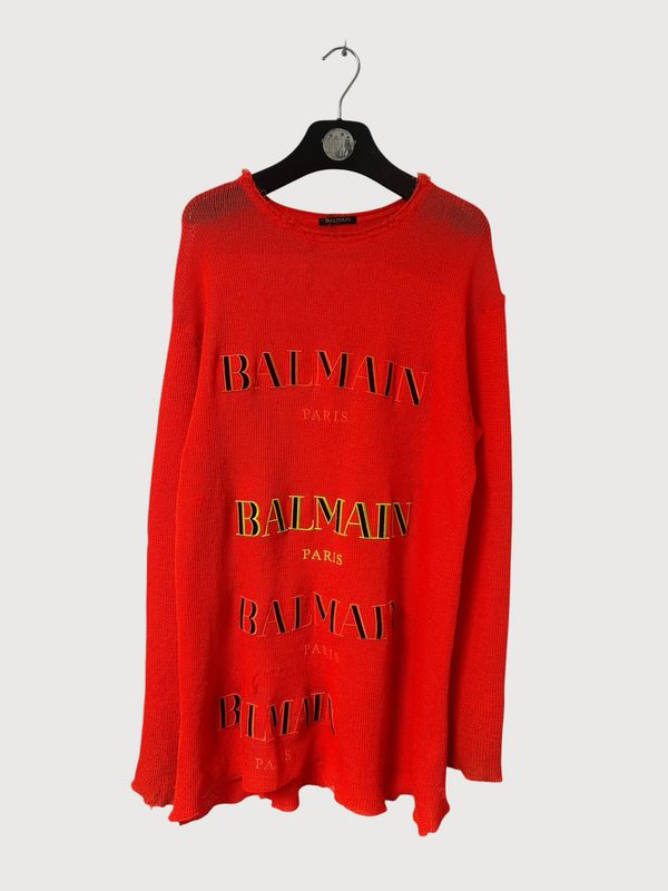 Balmain SS19 Sample Neon Orange Embroidered Logo Knit
