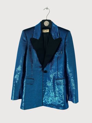 Saint Laurent Paris SS15 Sample Cobalt Sequin Peak Lapel Blazer