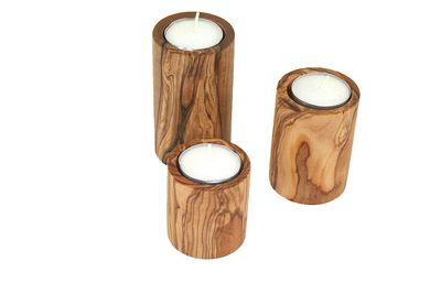 Tee Lichthalter Turm  (3er Set) Olivenholz