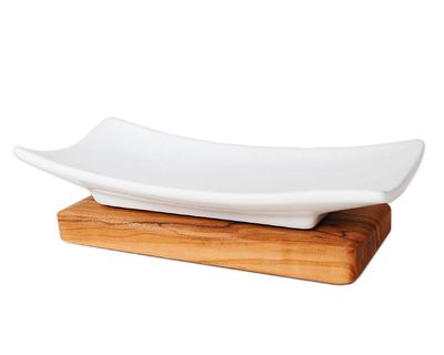 Porzellan-Seifenablage mit Sockel aus Olivenholz.