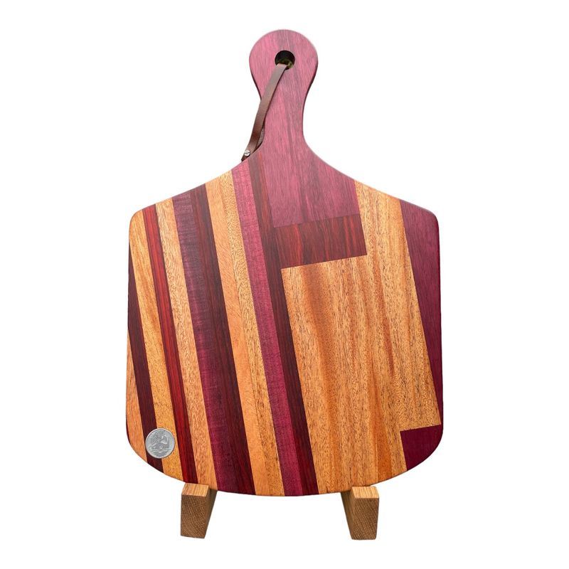 Planche à repas en bois de Mahogany, Padauk et Purpleheart (face grain).