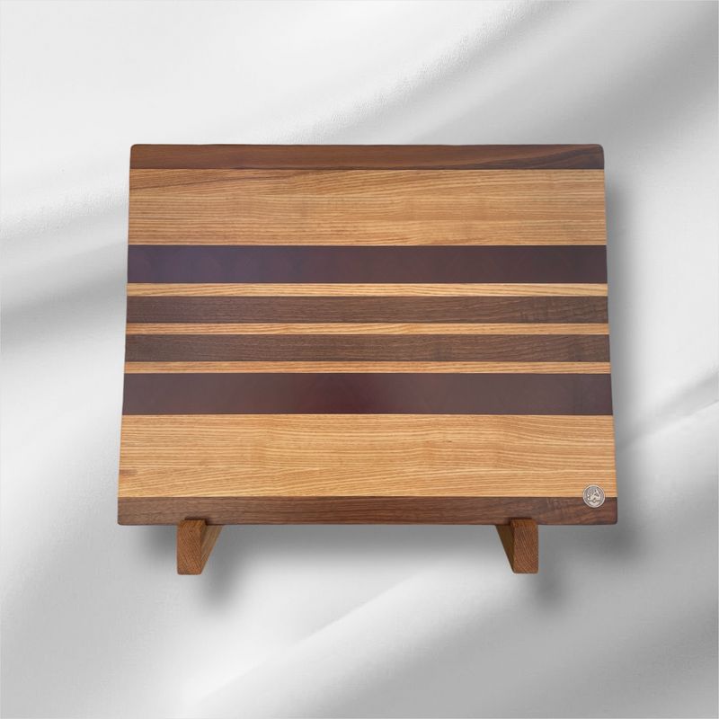 (Grand) Plan de travail en bois de Frêne, Noyer et Purpleheart -bois exotique- . Fait en bouts et côtés de planches (end grain et edge grain).
