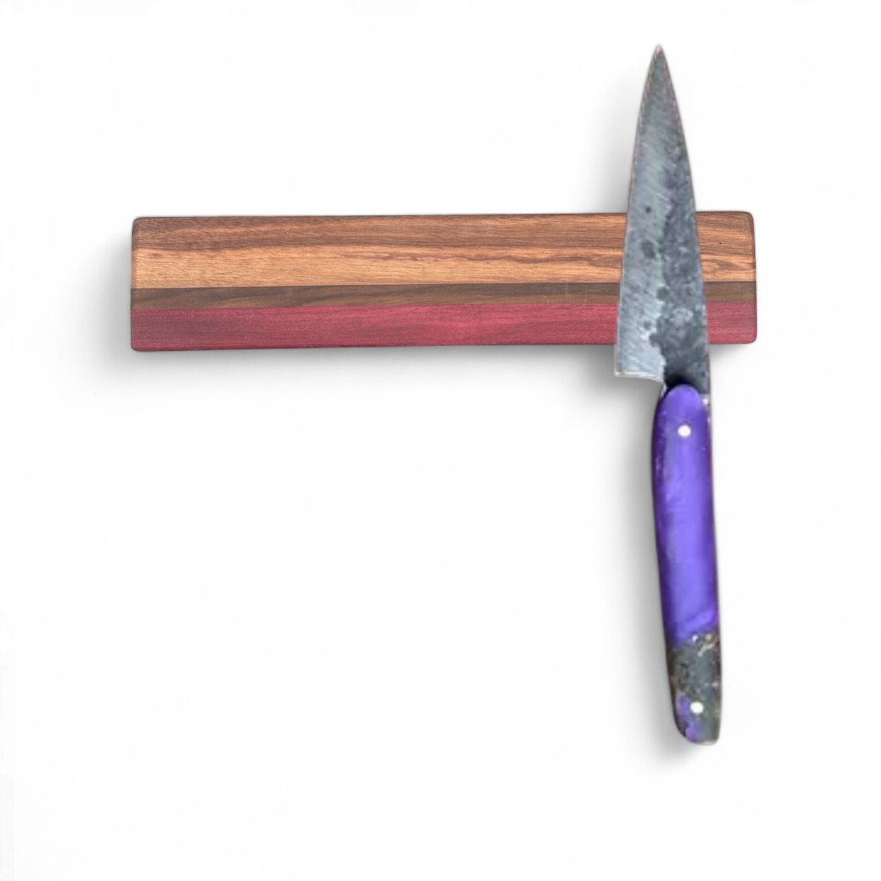 Support à couteaux magnétique en bois de Noyer, PurpleHeart et BlackLimba (edge grain) -bois exotiques-.