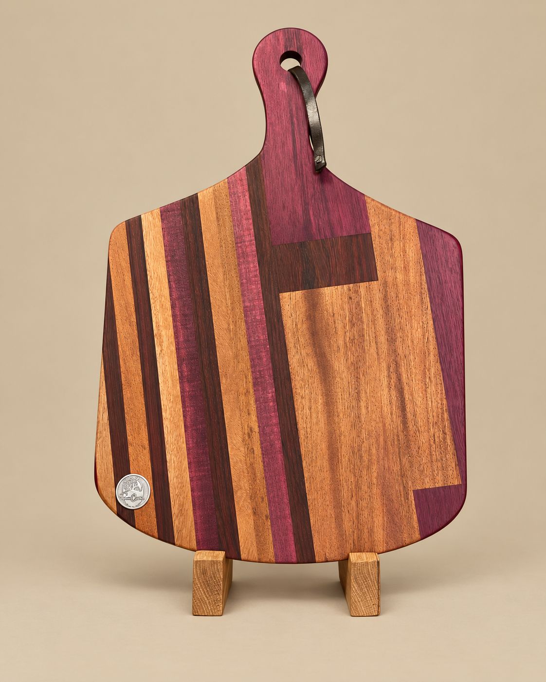 Planche à repas en bois de Mahogany, Padauk et Purpleheart (face grain).